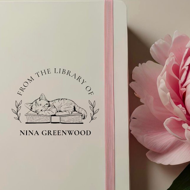 From the Library Of | Cat on Book & Elegant Leaves Self-inking Stamp (Creator Uploaded)