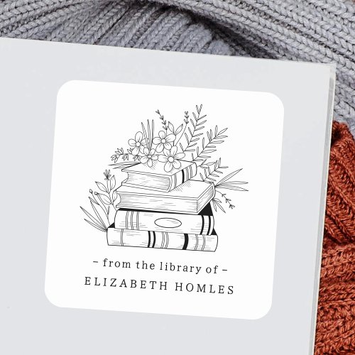 From the Library of Custom Name Books and Flower Square Sticker
