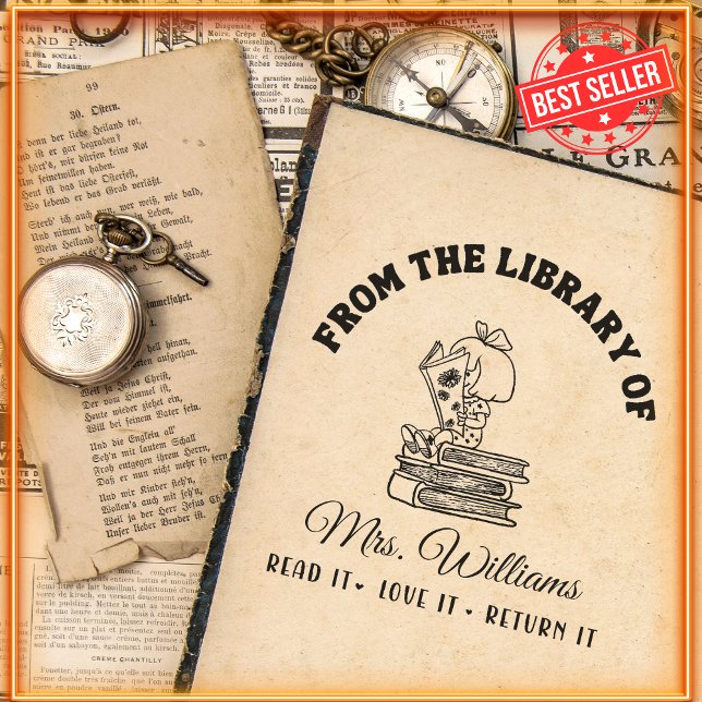 From The Library Of | Cute Girl Reads Teacher Book Self-inking Stamp (Creator Uploaded)