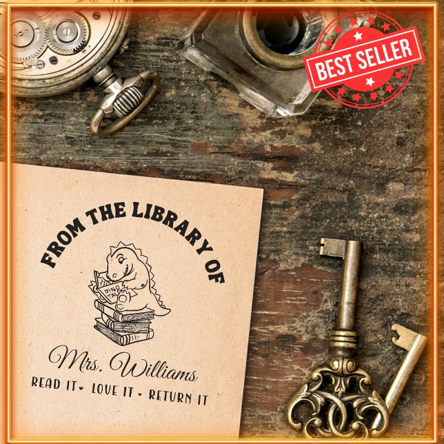 From The Library Of | Dinosaur on Books Teacher Self-inking Stamp (Creator Uploaded)