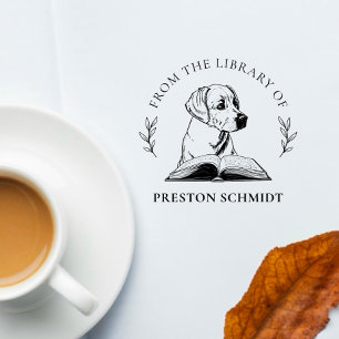 From the Library Of   Dog with Book Elegant Leaves Self-inking Stamp