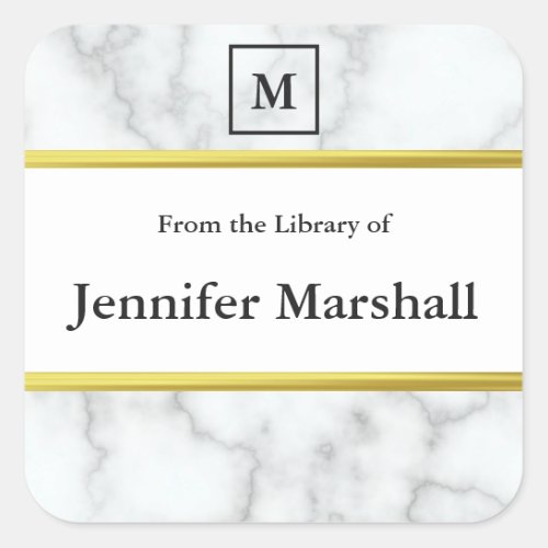 From the Library Of Faux White Marble Monogrammed Square Sticker