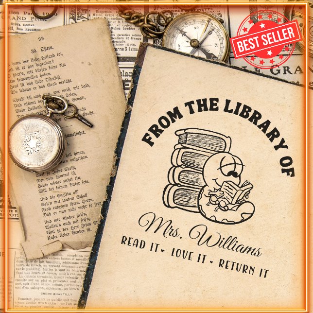 From The Library Of | Funny Book Worm Teacher  Self-inking Stamp (Creator Uploaded)