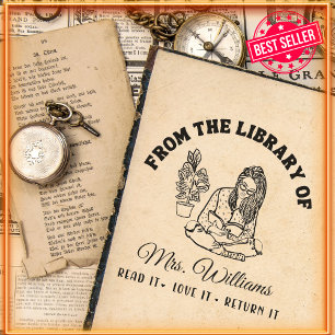 From The Library Of   Reading Girl Vintage Book  Self-inking Stamp