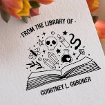 FROM THE LIBRARY OF YOUR NAME MAGIC BOOK RUBBER STAMP<br><div class="desc">Funny and chemistry inspired bookplate STAMP with your personalized name, perfect for adding a personal touch to your cherished book collection. The bookplate showcases a gracefully curved "From the Library of" inscription at the top, a stunning illustration of an opened magic book with flower and leaves, skull, star, snake and...</div>