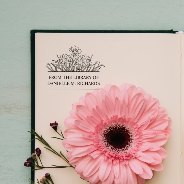 FROM THE LIBRARY OF YOUR NAME WILDFLOWERS  RUBBER STAMP (From the library of teacher stamp with botanical flowers wildflower and daisies with elegant font)