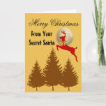 From Your Secret Santa - Merry Christmas Holiday Card<br><div class="desc">Secret Santa cards are so much fun,  leave this cute one of a red reindeer wearing a gold bow-tie flying over trees under a full moon to let them know the fun has just begun. © SmudgeArt - Madeline M Allen</div>