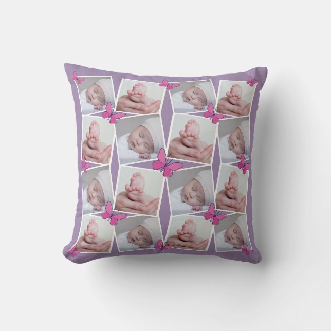 Front Back 16 Images Collage Pink Butterfly Violet Throw Pillow (Front)