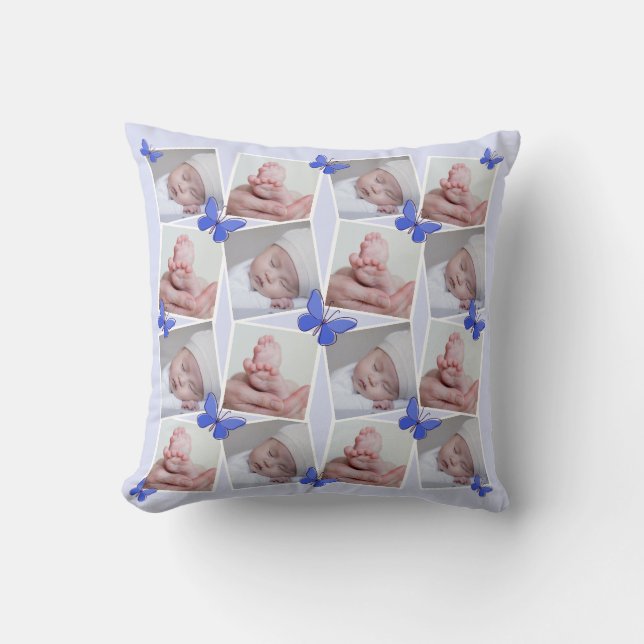 Front Back 16 Images Collage Purple Blue Butterfly Throw Pillow (Front)