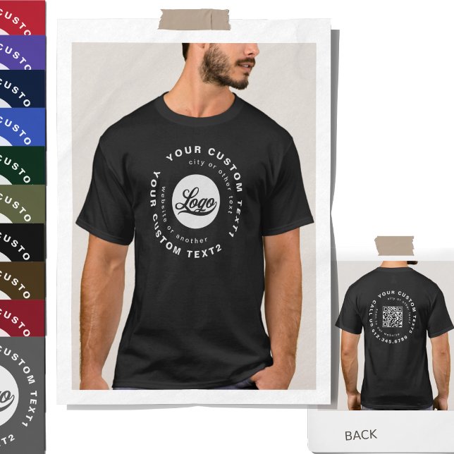 Front +Back. Business logo QR code Black Women Men T-Shirt (Creator Uploaded)