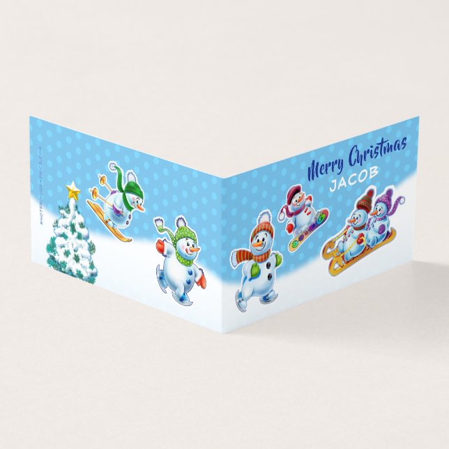 Front & back custom Christmas card snowmen skating (Outside)