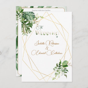 Front & Back Green Tropical Leaves Gold Geometric Invitation