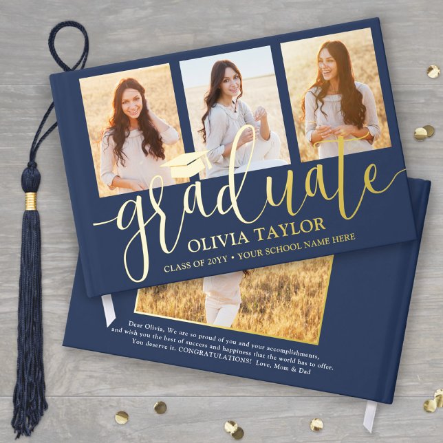 Front & Back Photos Graduation Navy Blue Keepsake Foil Guest Book (Creator Uploaded)