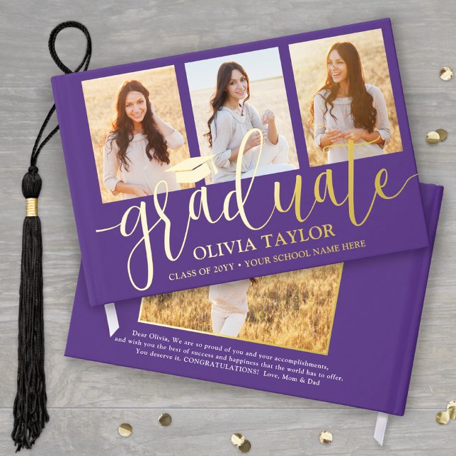 Front & Back Photos Graduation Purple Keepsake Foil Guest Book (Creator Uploaded)