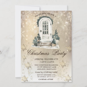 Front Door Pine Tree Snowflakes Gold Party Invitation