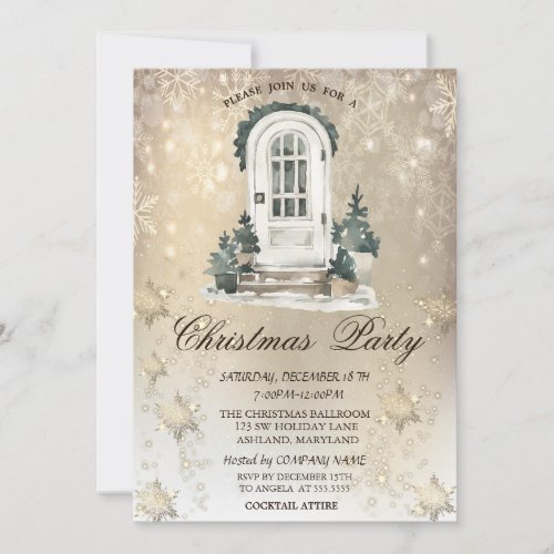 Front Door Pine Tree Snowflakes Gold Party  Invitation
