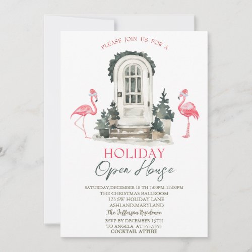 Front Door Pink Flamingos Holiday Open House  Invitation