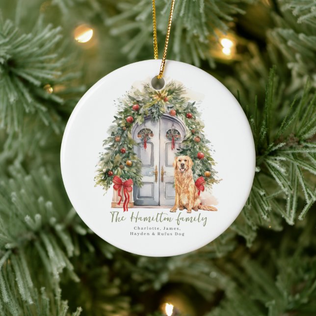 Front Door With Golden Retriever Christmas Ceramic Ornament (Tree)