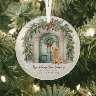 Front Door With Golden Retriever Christmas Glass Ornament