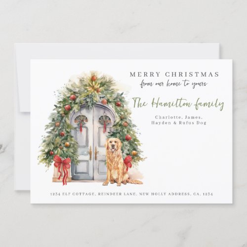 Front Door With Golden Retriever Christmas Holiday Card