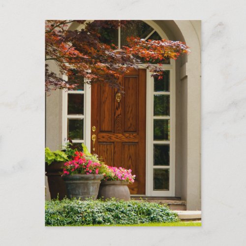 Front Door Wood Closed Real Estate Pot Flowers Postcard