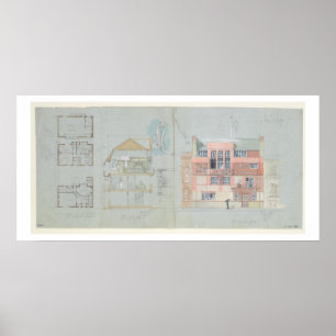 Front Elevation and Section for House and Studio f Poster