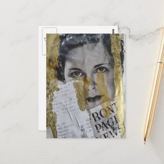 Front Page News lady black white gold collage Postcard (Front/Back In Situ)