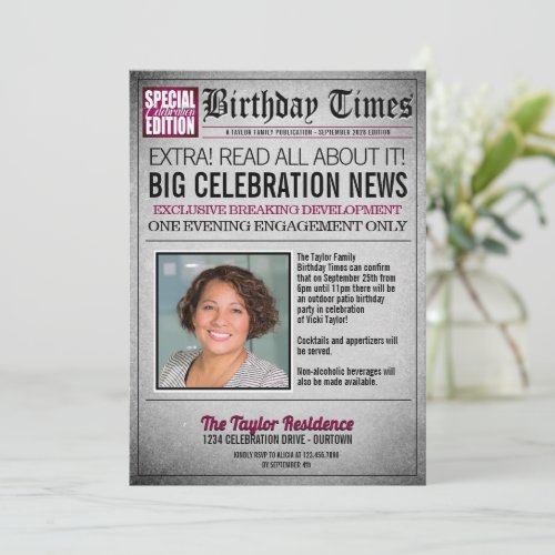 Front Page Newspaper Birthday Party Invitation