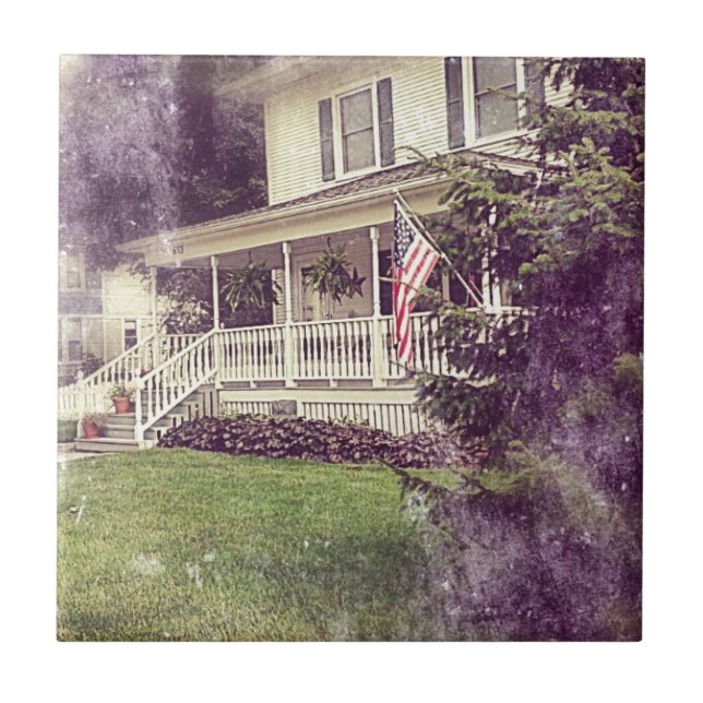Front Porch and American Flag Ceramic Tile (Front)