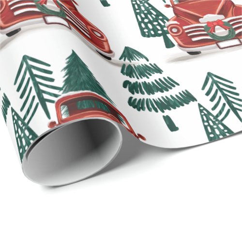 Front View Vintage Red Truck Christmas Tree Wrapping Paper