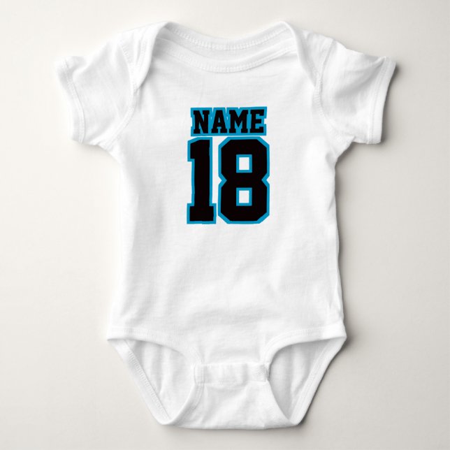 Front WHITE BLACK BLUE One Piece Football Jersey Baby Bodysuit (Front)
