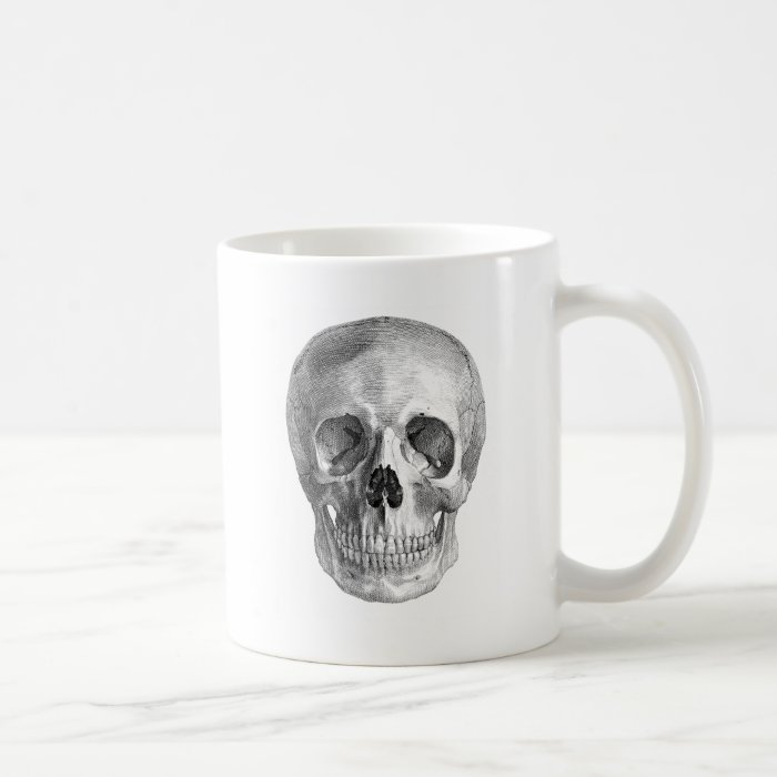 Frontal view drawing of a human skull coffee mug