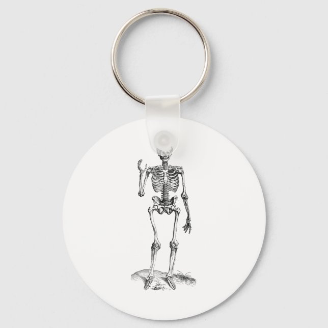 Frontal vintage drawing of a waving skeleton keychain (Front)