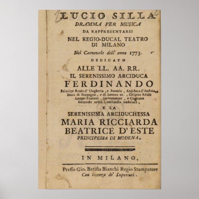Frontispiece from Mozart's 'Lucio Silla' Poster (Front)