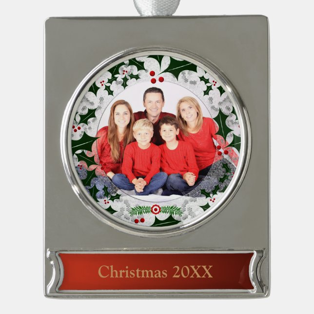 Frost and Holly Wreath Custom Photo and Year Silver Plated Banner Ornament (Front)