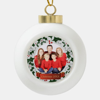 Frost and Holly Wreath Photo Frame Ceramic Ball Christmas Ornament