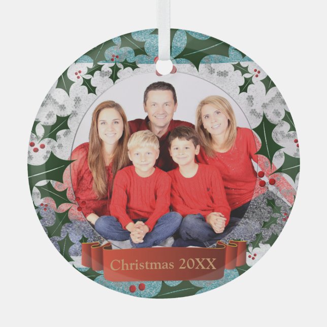 Frost and Holly Wreath Photo Frame Glass Ornament (Front)
