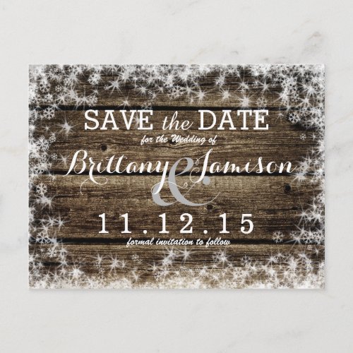 Frost Bite Barn Wood Rustic Winter Save the Date Announcement Postcard