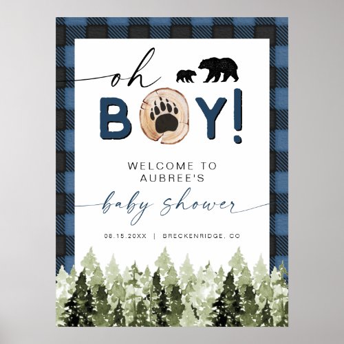 FROST Blue Flannel Pine Bear Baby Shower Welcome Poster