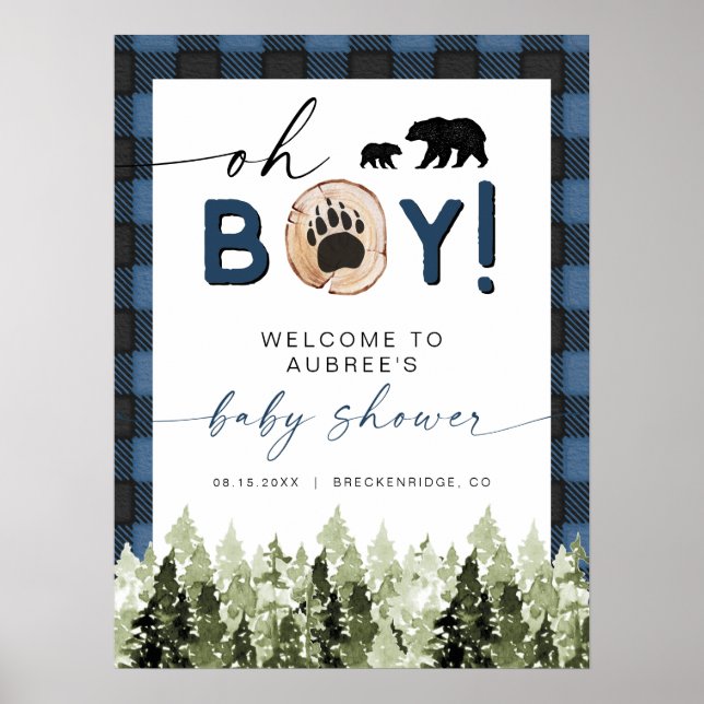 FROST Blue Flannel Pine Bear Baby Shower Welcome Poster (Front)