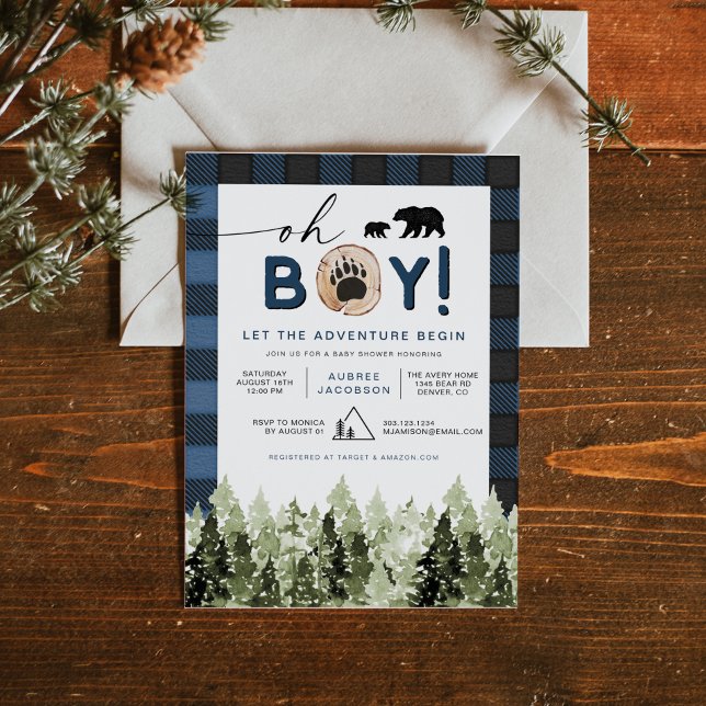 FROST Blue Flannel Pine Lumberjack Boy Baby Shower Invitation