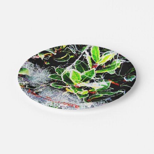 frost covered holly and berries christmas paper plates
