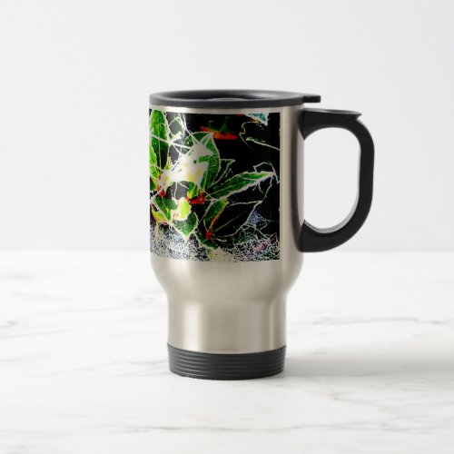 frost covered holly and berries cobweb christmas travel mug