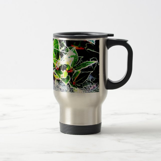 frost covered holly and berries cobweb christmas travel mug (Right)