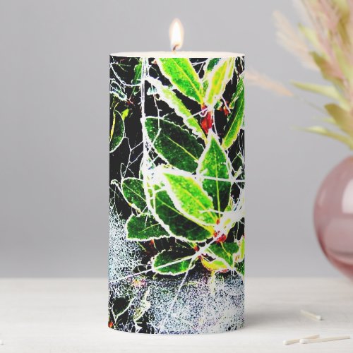 frost covered holly and berries for christmas  pil pillar candle