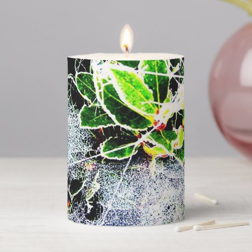 frost covered holly and berries for christmas pillar candle