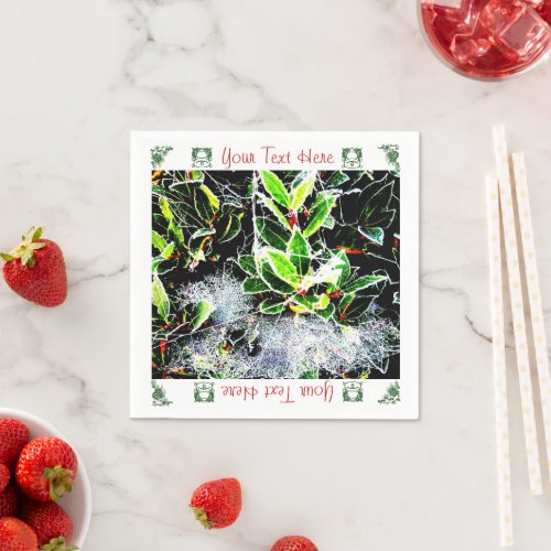 frost covered holly and cobweb christmas design napkins