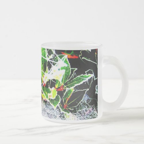 frost covered red berries and holly for christmas frosted glass coffee mug