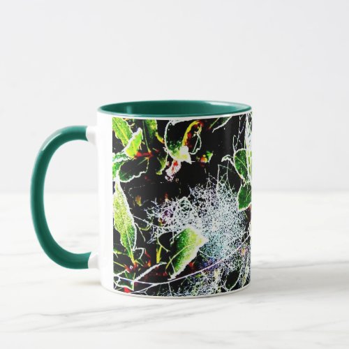 frost covered red berries and holly for christmas mug