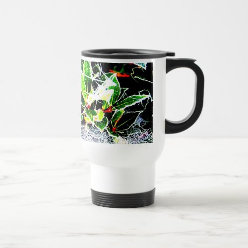 frost covered red berries and holly for christmas travel mug